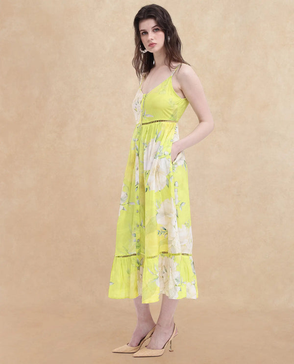 Rareism Women Galina Flouroscent Green Viscose Fabric Noodle Strap Floral Print Maxi Longline Dress