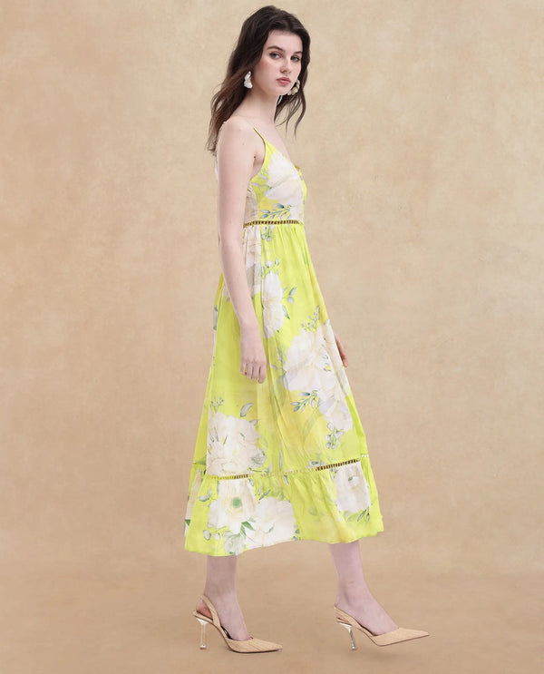 Rareism Women Galina Flouroscent Green Viscose Fabric Noodle Strap Floral Print Maxi Longline Dress