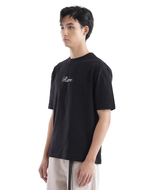 Rare Rabbit Men Galle Black Short Sleeve Crew Neck Oversized Fit Graphic Back Print T-Shirt