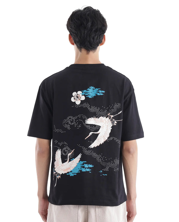 Rare Rabbit Men Galle Black Short Sleeve Crew Neck Oversized Fit Graphic Back Print T-Shirt