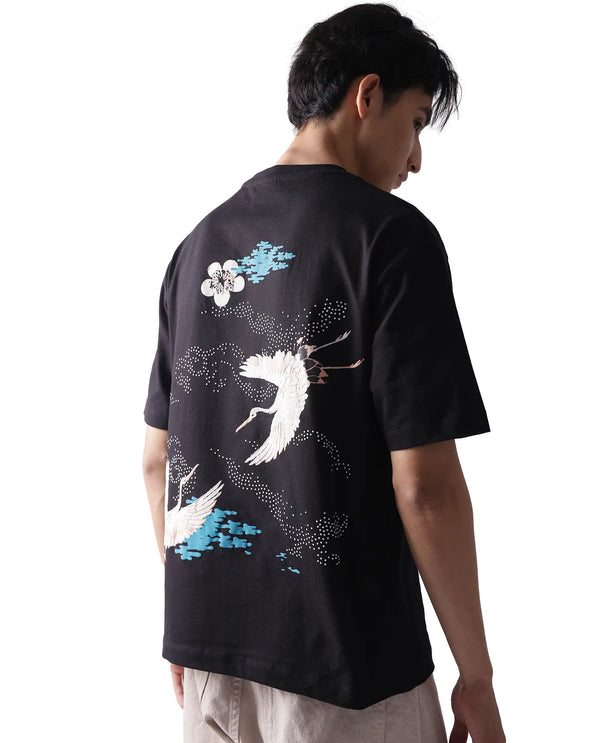 Rare Rabbit Men Galle Black Short Sleeve Crew Neck Oversized Fit Graphic Back Print T-Shirt