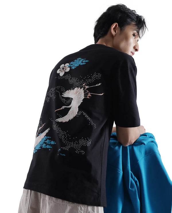 Rare Rabbit Men Galle Black Short Sleeve Crew Neck Oversized Fit Graphic Back Print T-Shirt