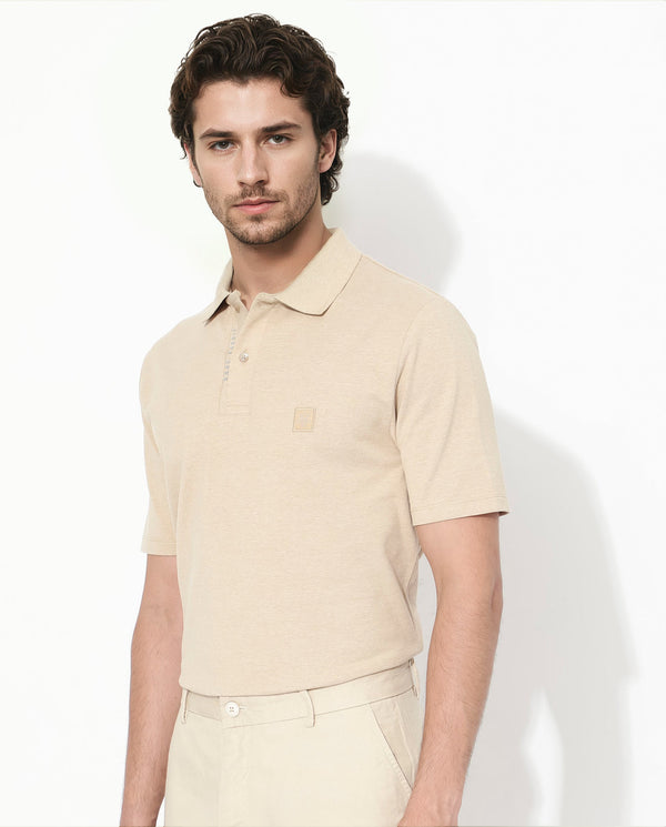 Rare Rabbit Men's Gamor Beige Cotton Poly Fabric Short Sleeves Collared Neck Solid Color Knit Polo T-Shirt