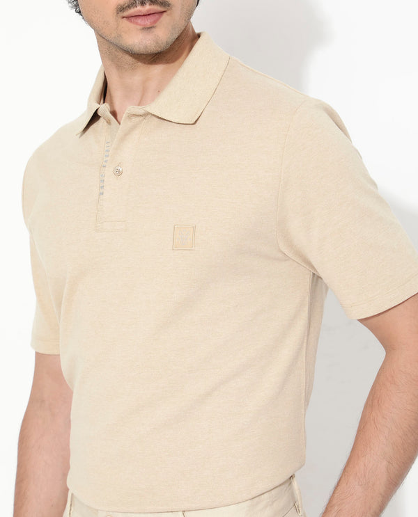 Rare Rabbit Men's Gamor Beige Cotton Poly Fabric Short Sleeves Collared Neck Solid Color Knit Polo T-Shirt