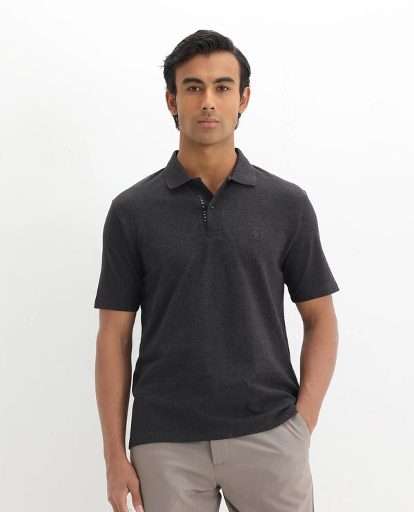 Rare Rabbit Men's Gamor Black Cotton Poly Fabric Short Sleeves Collared Neck Solid Color Knit Polo T-Shirt