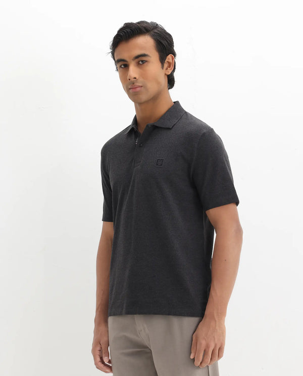 Rare Rabbit Men's Gamor Black Cotton Poly Fabric Short Sleeves Collared Neck Solid Color Knit Polo T-Shirt