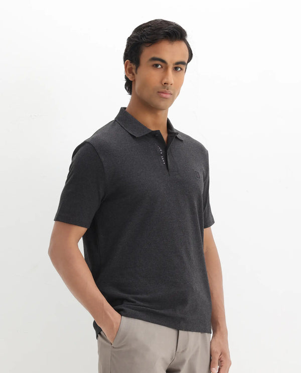 Rare Rabbit Men's Gamor Black Cotton Poly Fabric Short Sleeves Collared Neck Solid Color Knit Polo T-Shirt