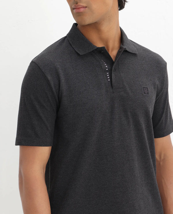 Rare Rabbit Men's Gamor Black Cotton Poly Fabric Short Sleeves Collared Neck Solid Color Knit Polo T-Shirt