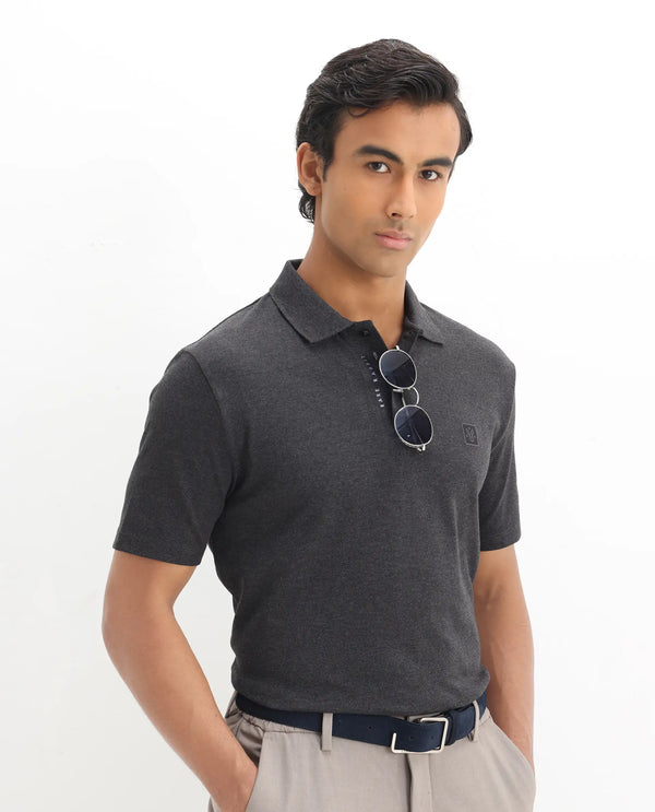 Rare Rabbit Men's Gamor Black Cotton Poly Fabric Short Sleeves Collared Neck Solid Color Knit Polo T-Shirt