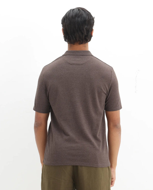 Rare Rabbit Men's Gamor Dark Brown Cotton Poly Fabric Short Sleeves Collared Neck Solid Color Knit Polo T-Shirt
