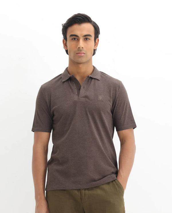 Rare Rabbit Men's Gamor Dark Brown Cotton Poly Fabric Short Sleeves Collared Neck Solid Color Knit Polo T-Shirt