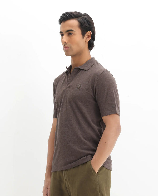 Rare Rabbit Men's Gamor Dark Brown Cotton Poly Fabric Short Sleeves Collared Neck Solid Color Knit Polo T-Shirt
