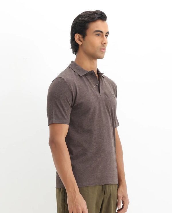 Rare Rabbit Men's Gamor Dark Brown Cotton Poly Fabric Short Sleeves Collared Neck Solid Color Knit Polo T-Shirt