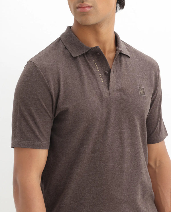 Rare Rabbit Men's Gamor Dark Brown Cotton Poly Fabric Short Sleeves Collared Neck Solid Color Knit Polo T-Shirt