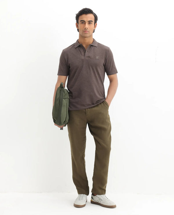 Rare Rabbit Men's Gamor Dark Brown Cotton Poly Fabric Short Sleeves Collared Neck Solid Color Knit Polo T-Shirt