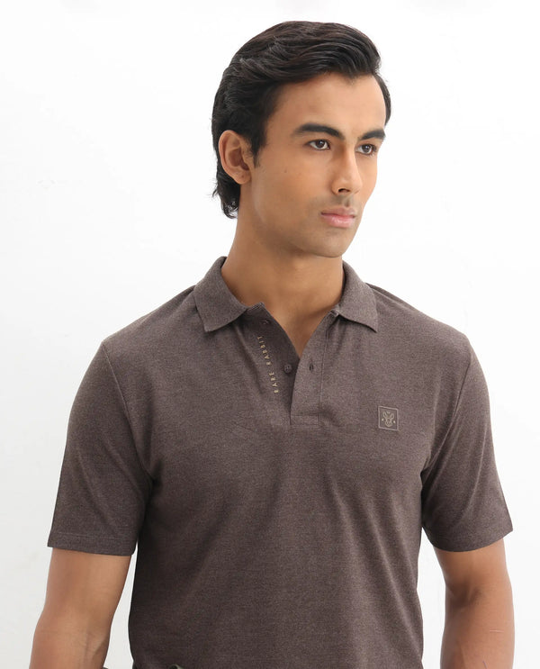 Rare Rabbit Men's Gamor Dark Brown Cotton Poly Fabric Short Sleeves Collared Neck Solid Color Knit Polo T-Shirt