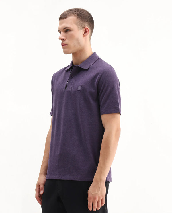 Rare Rabbit Men's Gamor Purple Cotton Poly Fabric Short Sleeves Collared Neck With Contrasting Placket Solid Color Knit Polo