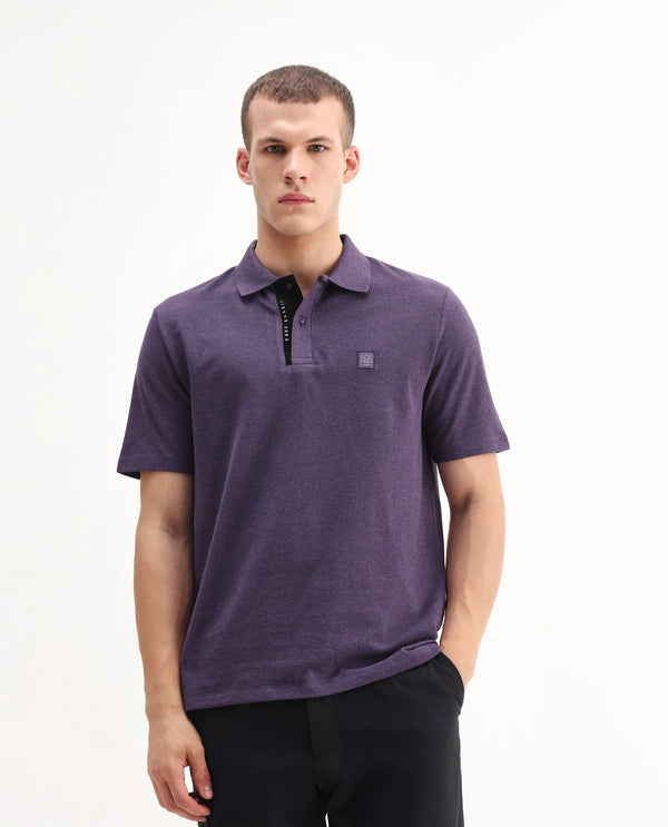 Rare Rabbit Men's Gamor Purple Cotton Poly Fabric Short Sleeves Collared Neck With Contrasting Placket Solid Color Knit Polo
