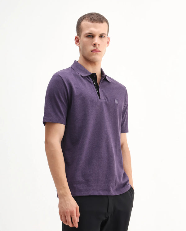 Rare Rabbit Men's Gamor Purple Cotton Poly Fabric Short Sleeves Collared Neck With Contrasting Placket Solid Color Knit Polo