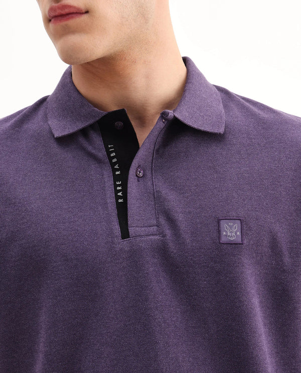 Rare Rabbit Men's Gamor Purple Cotton Poly Fabric Short Sleeves Collared Neck With Contrasting Placket Solid Color Knit Polo