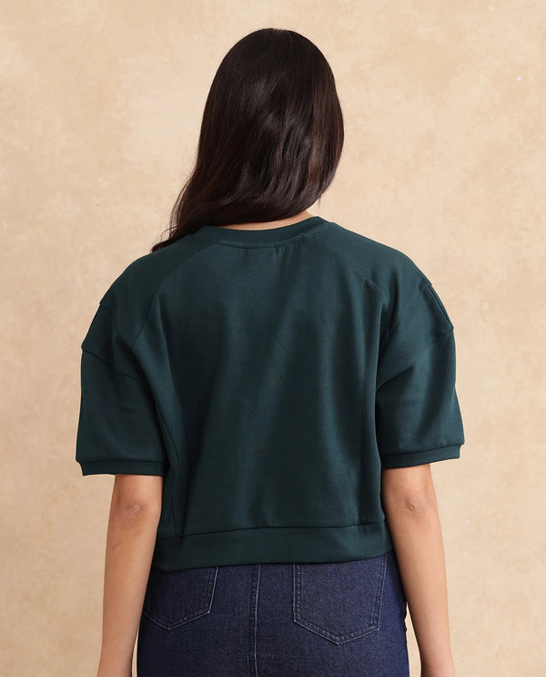 Rareism Women Ganges Green Cotton Blend Fabric Short Sleeve Crew Neck Relaxed Fit Cropped Plain Sweatshirt