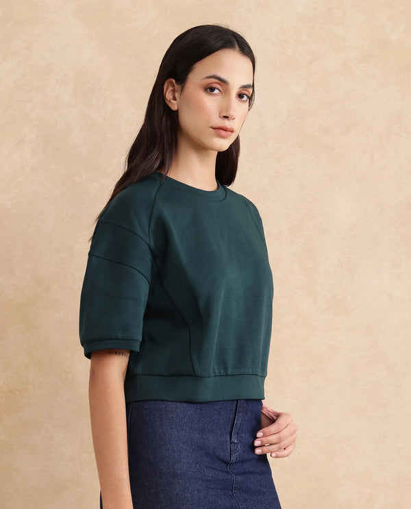 Rareism Women Ganges Green Cotton Blend Fabric Short Sleeve Crew Neck Relaxed Fit Cropped Plain Sweatshirt