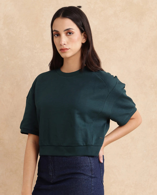 Rareism Women Ganges Green Cotton Blend Fabric Short Sleeve Crew Neck Relaxed Fit Cropped Plain Sweatshirt