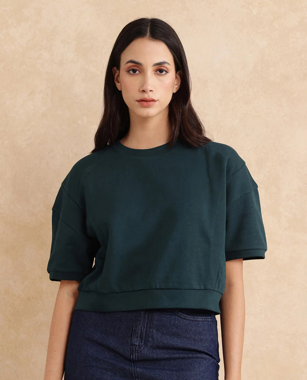 Rareism Women Ganges Green Cotton Blend Fabric Short Sleeve Crew Neck Relaxed Fit Cropped Plain Sweatshirt