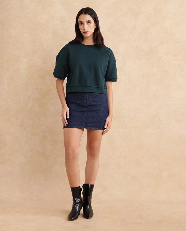 Rareism Women Ganges Green Cotton Blend Fabric Short Sleeve Crew Neck Relaxed Fit Cropped Plain Sweatshirt