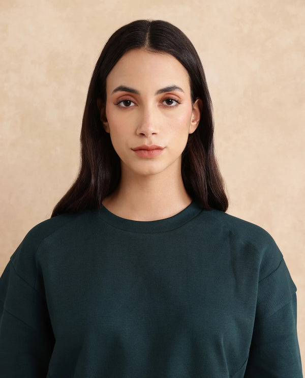 Rareism Women Ganges Green Cotton Blend Fabric Short Sleeve Crew Neck Relaxed Fit Cropped Plain Sweatshirt