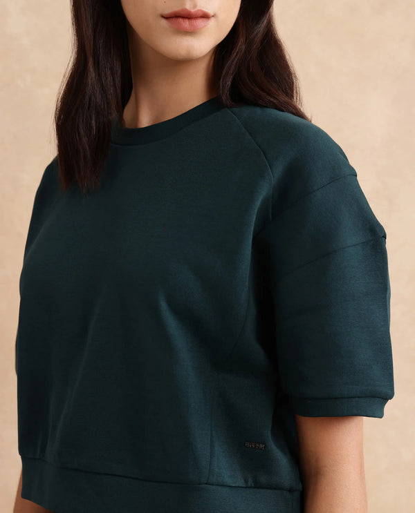 Rareism Women Ganges Green Cotton Blend Fabric Short Sleeve Crew Neck Relaxed Fit Cropped Plain Sweatshirt