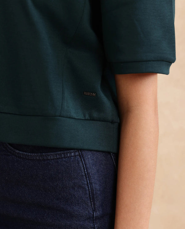 Rareism Women Ganges Green Cotton Blend Fabric Short Sleeve Crew Neck Relaxed Fit Cropped Plain Sweatshirt