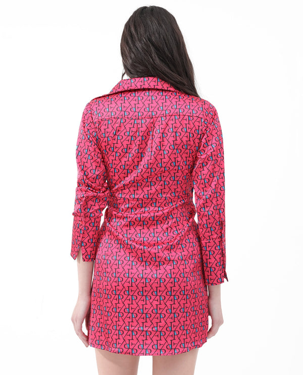 Rareism Women's Gangiv Flouroscent Pink  Overlap Neck Tie-Up Closure Cuffed Sleeve Monogram Print Wrap Mini Dress