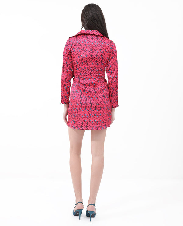 Rareism Women's Gangiv Flouroscent Pink  Overlap Neck Tie-Up Closure Cuffed Sleeve Monogram Print Wrap Mini Dress