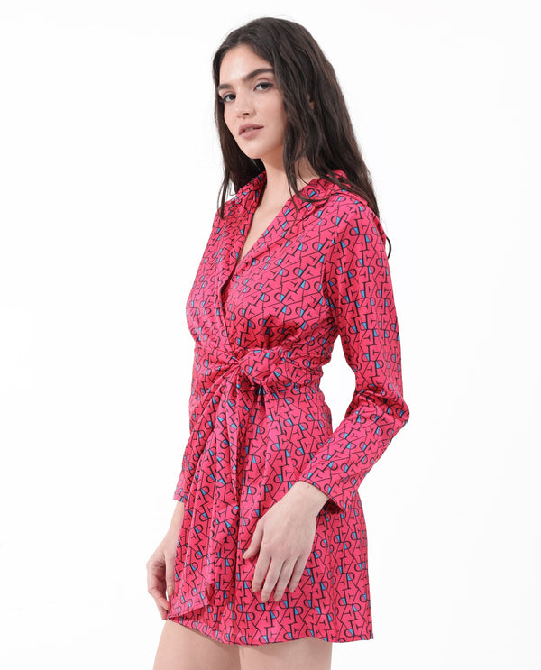 Rareism Women's Gangiv Flouroscent Pink  Overlap Neck Tie-Up Closure Cuffed Sleeve Monogram Print Wrap Mini Dress