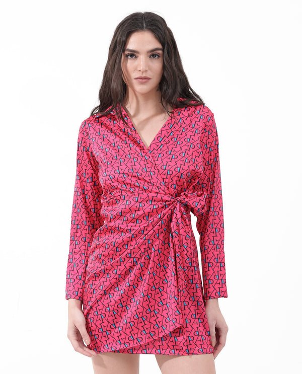Rareism Women's Gangiv Flouroscent Pink  Overlap Neck Tie-Up Closure Cuffed Sleeve Monogram Print Wrap Mini Dress