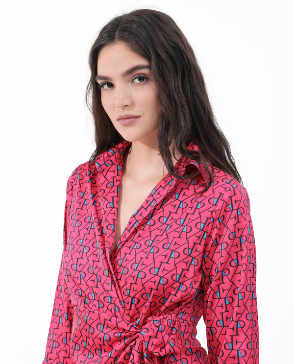 Rareism Women's Gangiv Flouroscent Pink  Overlap Neck Tie-Up Closure Cuffed Sleeve Monogram Print Wrap Mini Dress