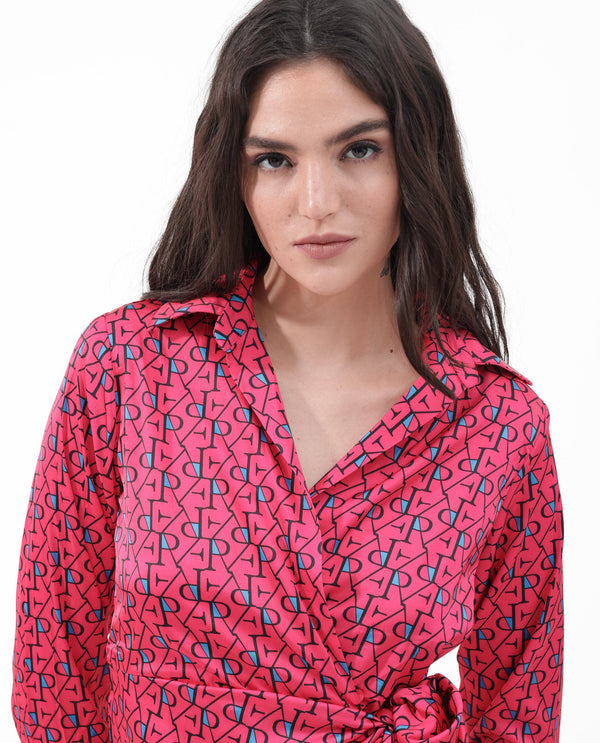 Rareism Women's Gangiv Flouroscent Pink  Overlap Neck Tie-Up Closure Cuffed Sleeve Monogram Print Wrap Mini Dress