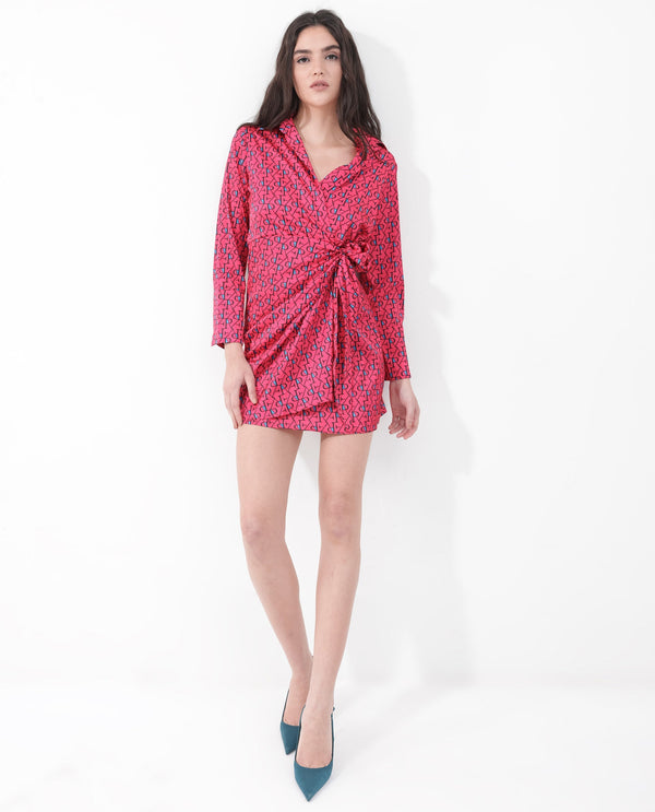 Rareism Women's Gangiv Flouroscent Pink  Overlap Neck Tie-Up Closure Cuffed Sleeve Monogram Print Wrap Mini Dress