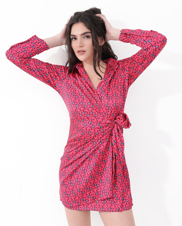 Rareism Women's Gangiv Flouroscent Pink  Overlap Neck Tie-Up Closure Cuffed Sleeve Monogram Print Wrap Mini Dress