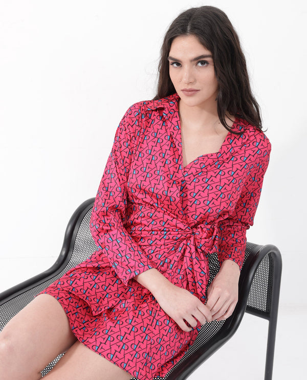 Rareism Women's Gangiv Flouroscent Pink  Overlap Neck Tie-Up Closure Cuffed Sleeve Monogram Print Wrap Mini Dress