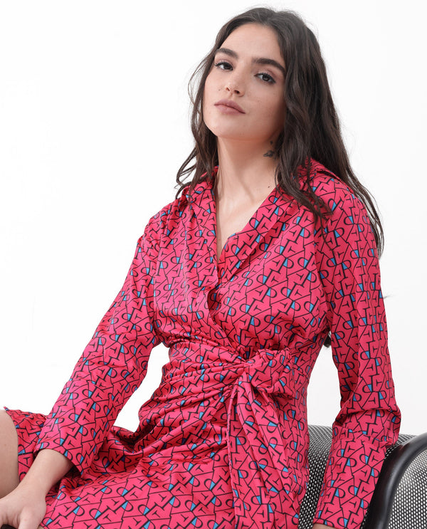 Rareism Women's Gangiv Flouroscent Pink  Overlap Neck Tie-Up Closure Cuffed Sleeve Monogram Print Wrap Mini Dress