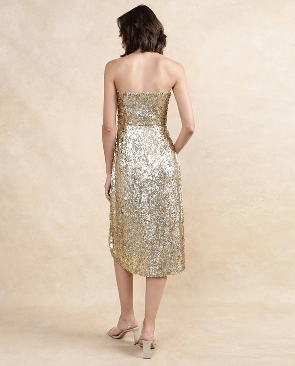Rareism Women Ganvi Metallic Gold Polyester Fabric Sleeveless Tube Neck Zipper Closure Fitted Midi Sequin Dress