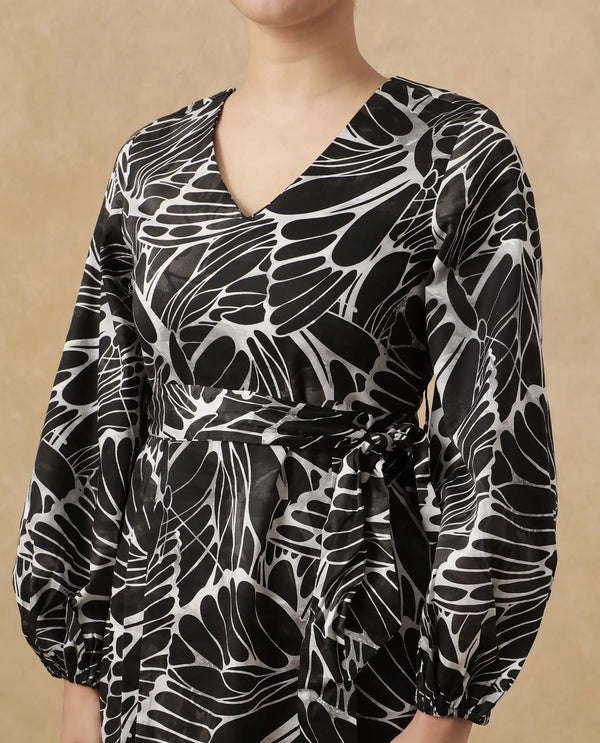 Rareism Women's Garber Black Cotton Fabric V-Neck Tie-Up Closure Bishop Sleeve Floral Print A-Line Mini Dress