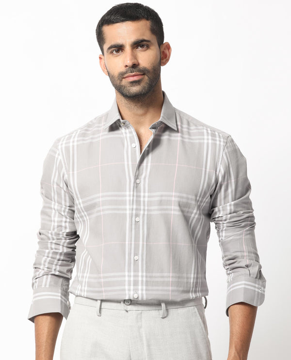 Rare Rabbit Men's Garet Grey Cotton Fabric Full Sleeves Checks Shirt