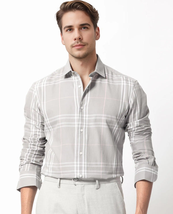 Rare Rabbit Men's Garet Grey Cotton Fabric Full Sleeves Checks Shirt