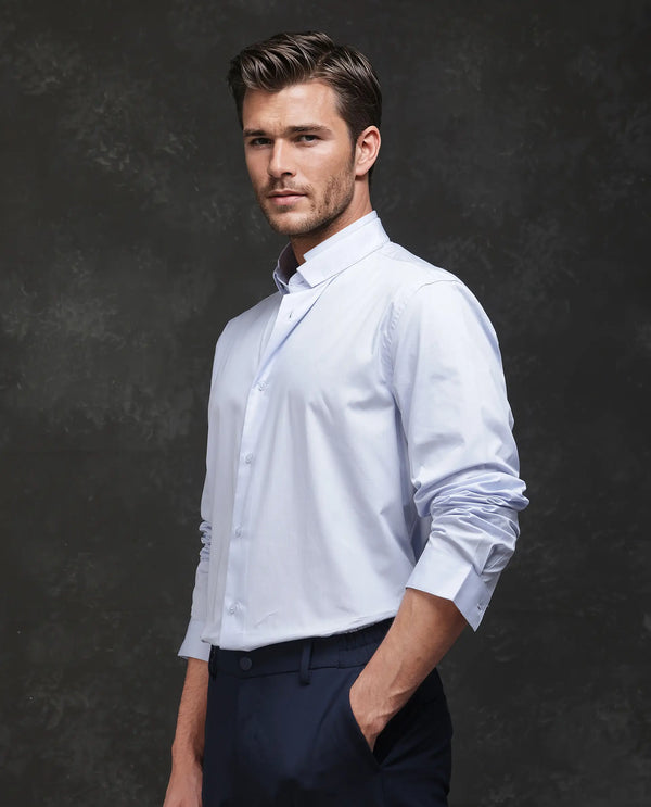 Rare Rabbit Men Garry Light Blue Cotton Fabric Full Sleeves Mandarin Collar Relaxed Fit Plain Shirt