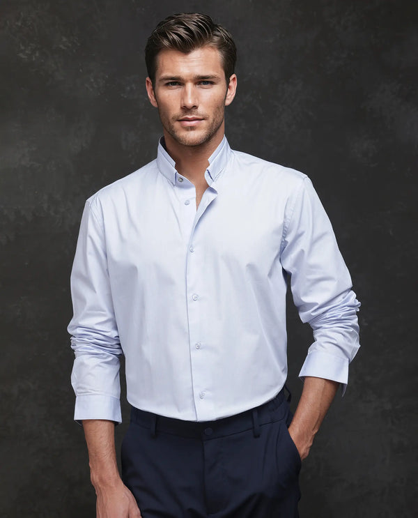 Rare Rabbit Men Garry Light Blue Cotton Fabric Full Sleeves Mandarin Collar Relaxed Fit Plain Shirt