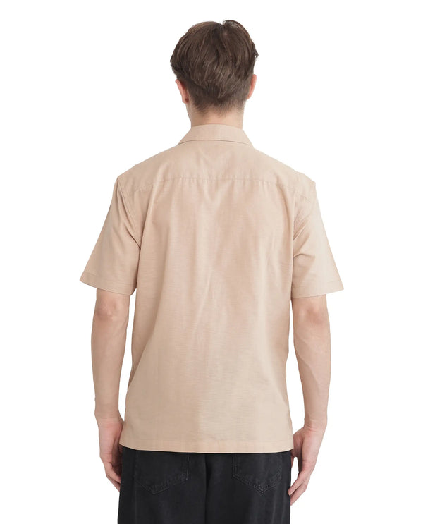 Rare Rabbit Men Gary Beige Cotton Linen Fabric Short Sleeve Cuban Collared Embroidered Shirt