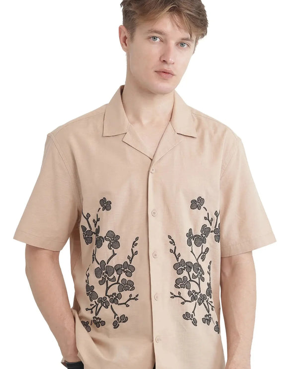 Rare Rabbit Men Gary Beige Cotton Linen Fabric Short Sleeve Cuban Collared Embroidered Shirt